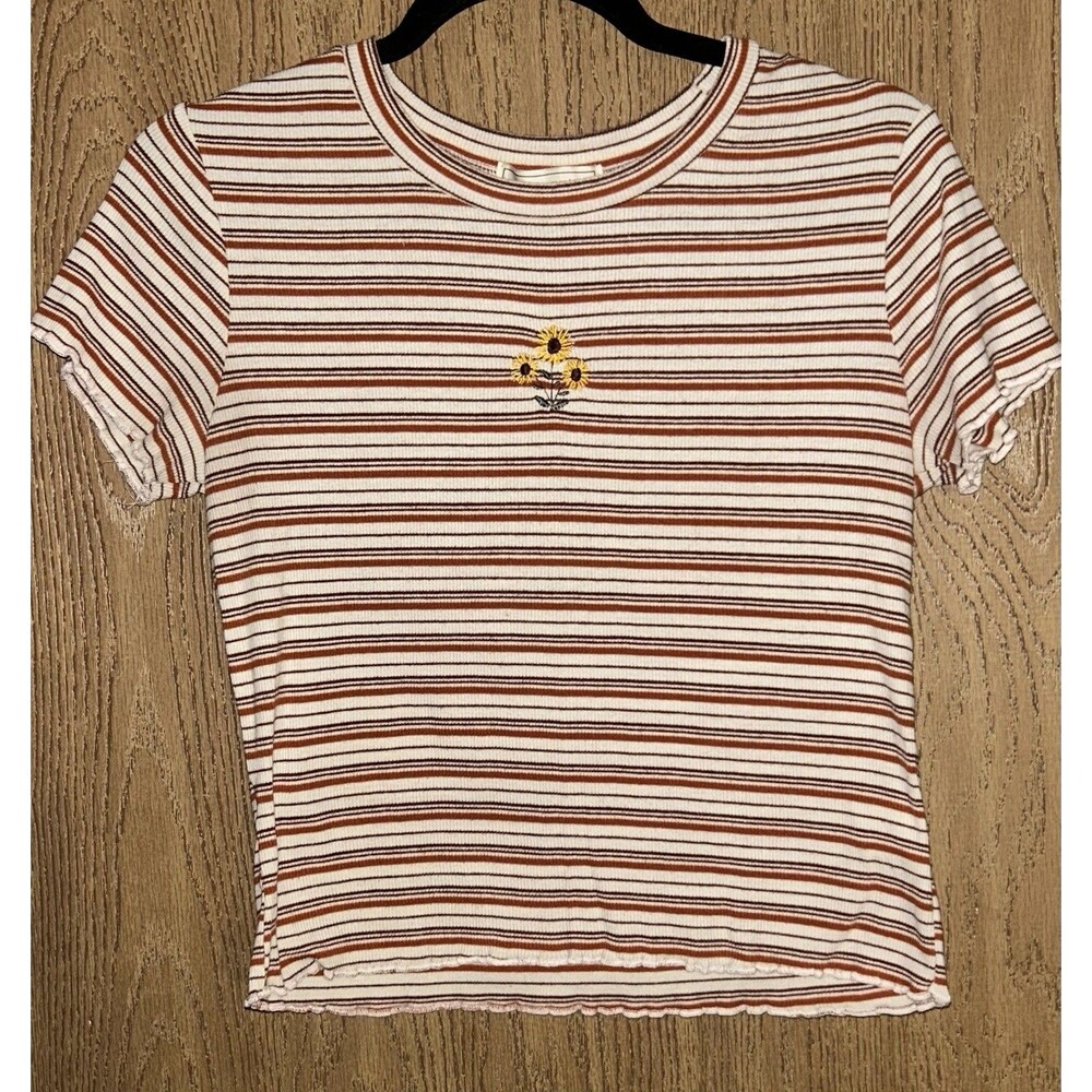 No Comment NY-LA Women’s L Burgundy /Orange Stripe Embroidery Flower  Top